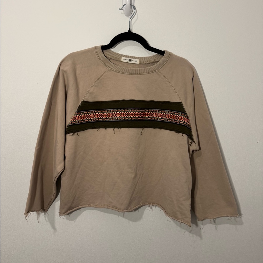 Natural Life Boho Raw Hem Sweatshirt S/M – Embroidered Stripe Patch